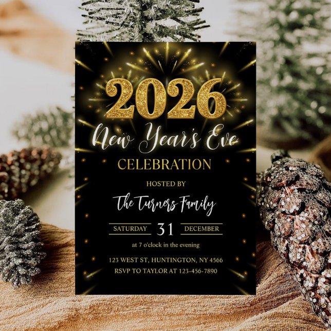 2026 New Year's Eve Party Black & Gold Glitter Invitation (Creator Uploaded)