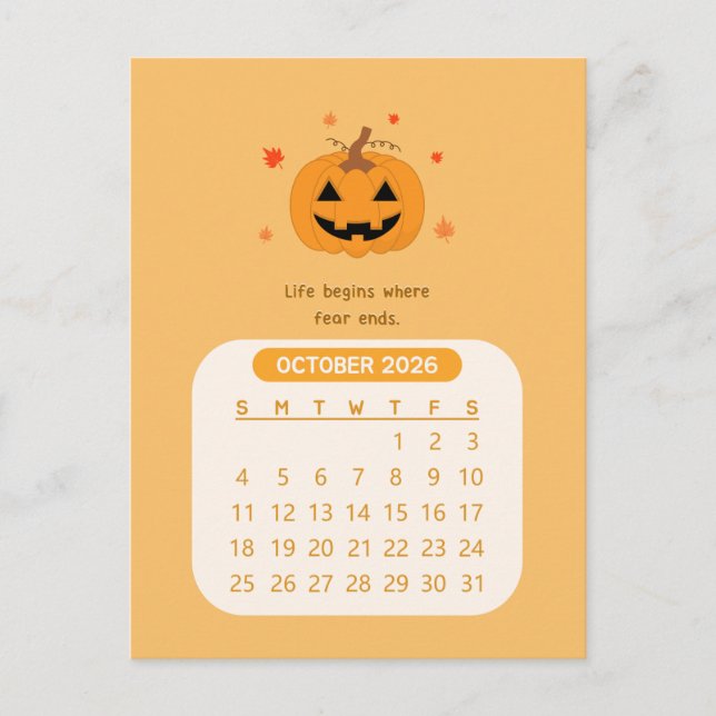 2026 October Monthly Kawaii Motivational Calendar Postcard (Front)