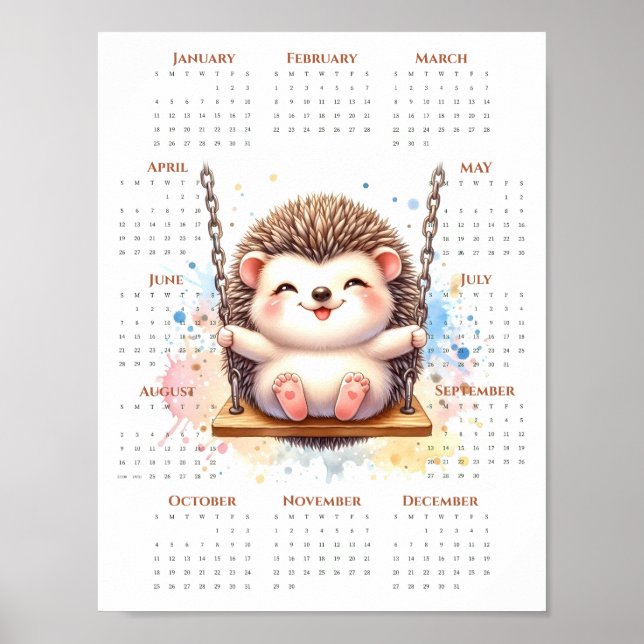 2026 One-Page Calendar Cute Hedgehog on Swing Poster (Front)