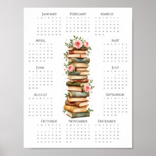 2026 One-Page Calendar Vintage Books & Pink Roses Poster
