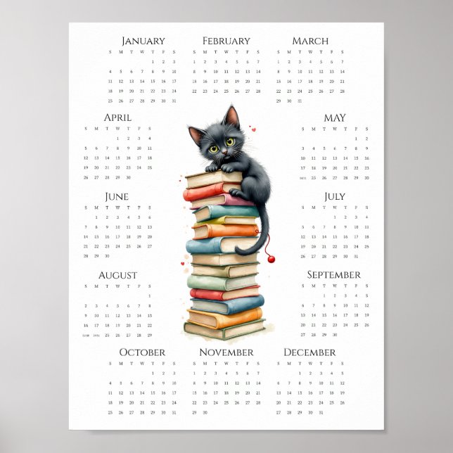 2026 One-Page Calendar with Black Cat and Books Poster (Front)