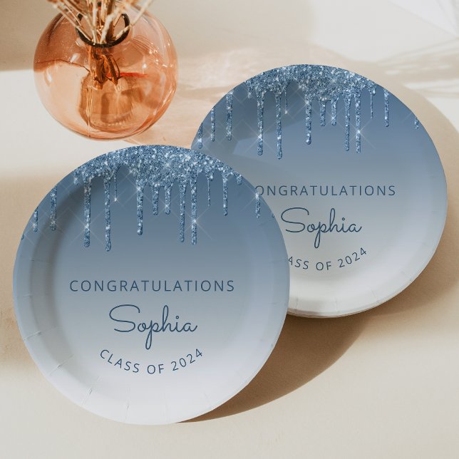 2026 Personalised Blue Glitter Drip Graduation Paper Plate (Creator Uploaded)