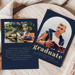 2026 Photo Arch Classic Navy Blue Gold Graduation Announcement
