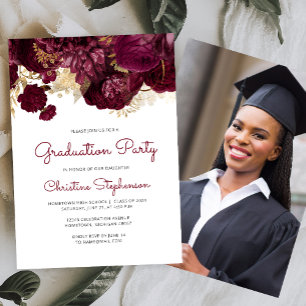 2026 Photo Burgundy Floral Graduation Party Invitation