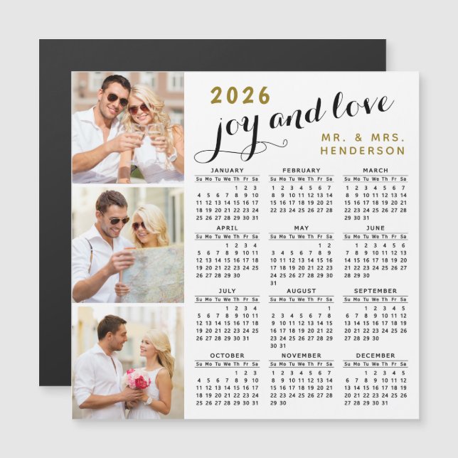 2026 Photo Calendar Fridge Magnet Black Gold White (Front/Back)