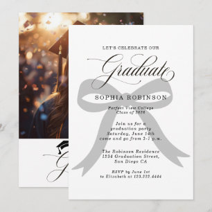 2026 Photo Modern Bow Black White Graduation Party Invitation