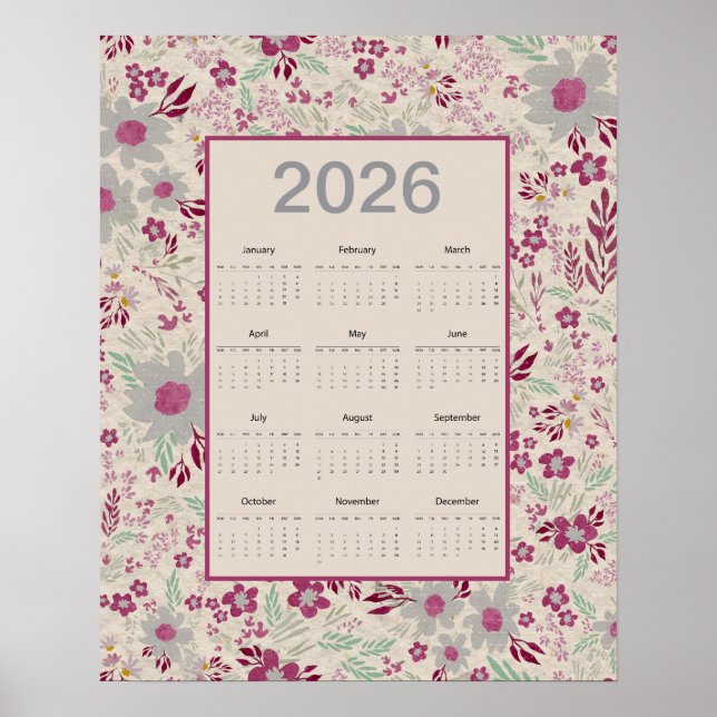 2026 Pink Gray Floral Pattern Calendar Poster (Front)