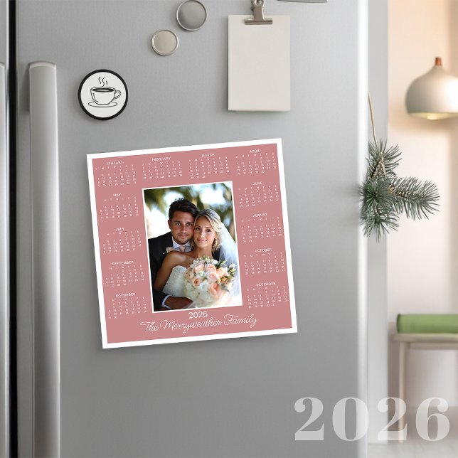 2026 Pink Photo Magnetic Calendar Holiday Card (2026 Rose Pink Photo Magnetic Calendar Holiday Card)