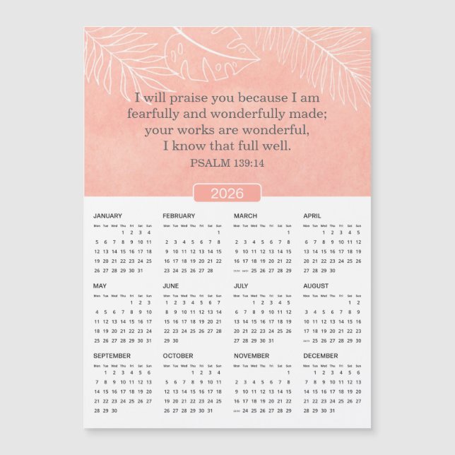 2026 Pink Watercolor Psalm 139:14 Magnet (Front)