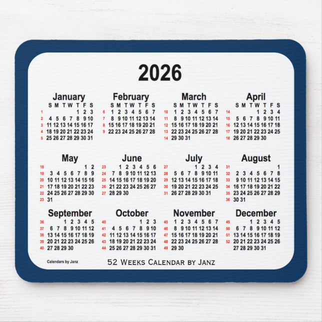 2026 Police Box Blue 52 Weeks Calendar by Janz Mouse Mat (Front)