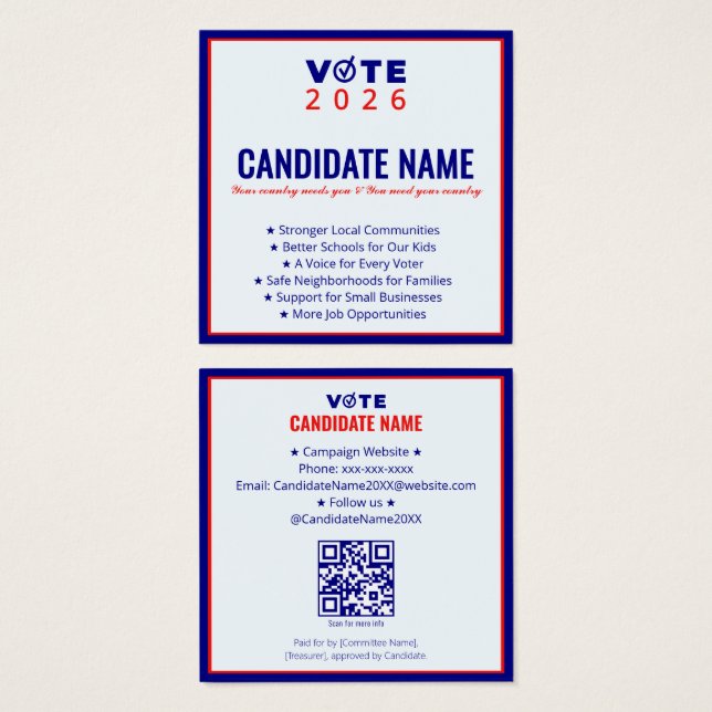 2026 Political Campaign Candidate Election Contact (Front & Back)