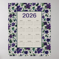 2026 Purple Clematis Flowers Wall Calendar