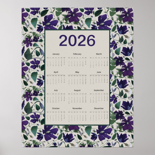 2026 Purple Clematis Flowers Wall Calendar Poster (Front)