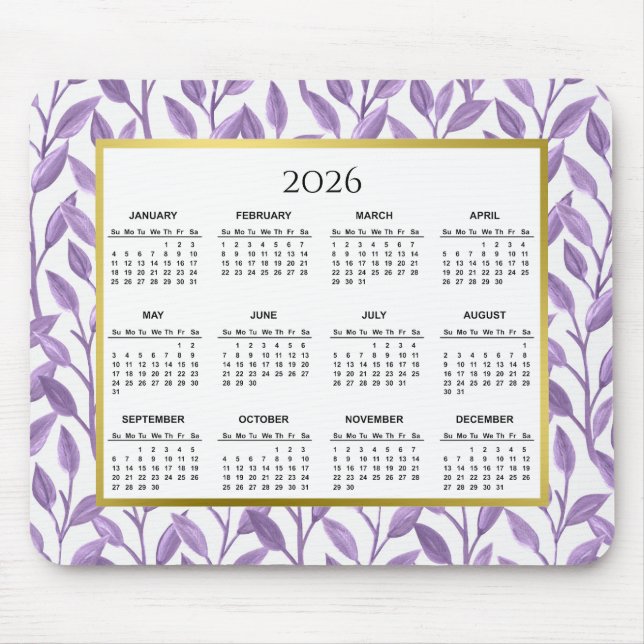 2026 Purple & Gold Floral Vines Calendar Mouse Mat (Front)