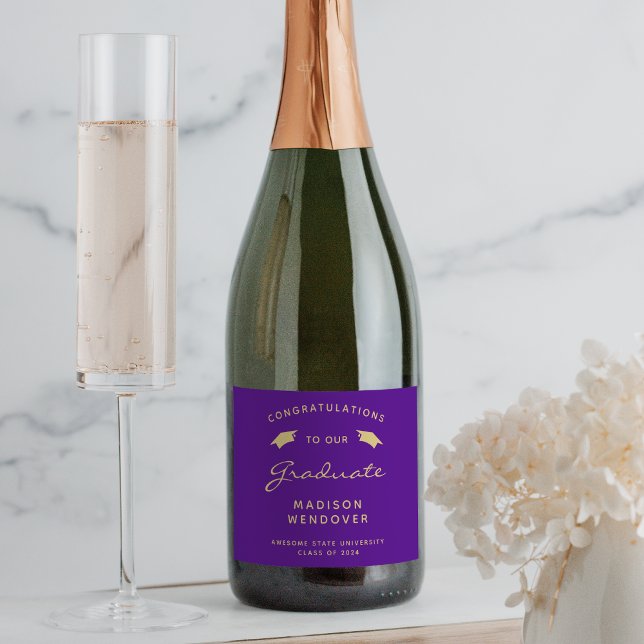 2026 Purple Gold Script Cap Graduation Sparkling Wine Label (Creator Uploaded)