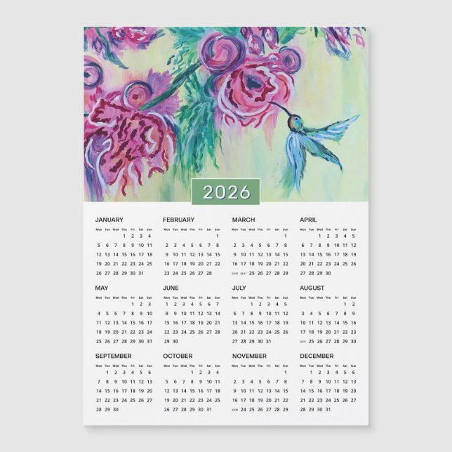 2026 Purple Green Hummingbird Painting Calendar (Front)