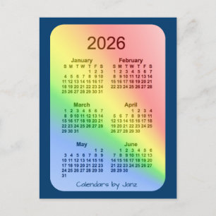 2026 Rainbow Blue 6 Month Mini Calendar by Janz Postcard