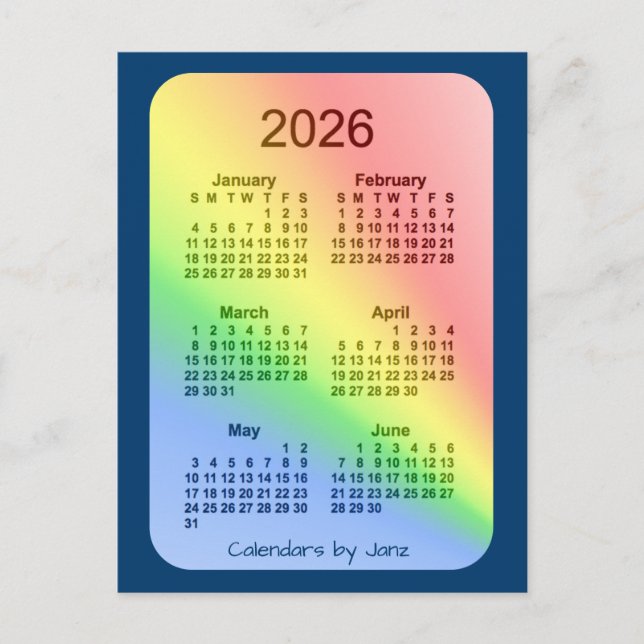 2026 Rainbow Blue 6 Month Mini Calendar by Janz Postcard (Front)