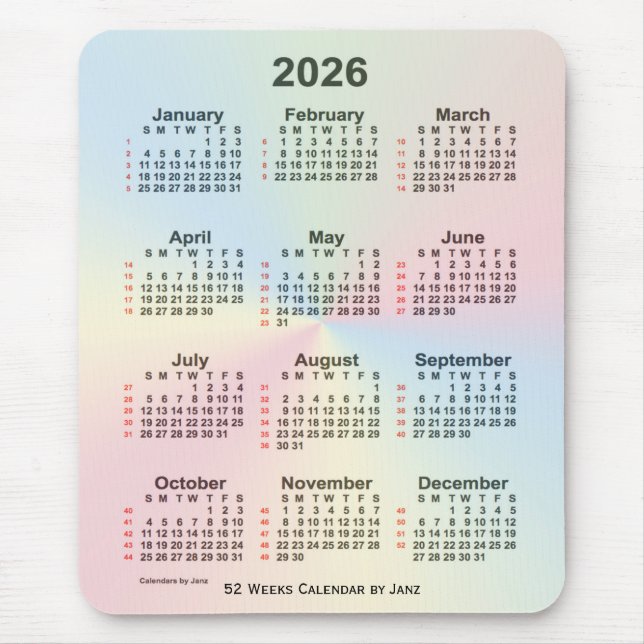 2026 Rainbow Cloud 52 Week Calendar by Janz Mouse Mat (Front)