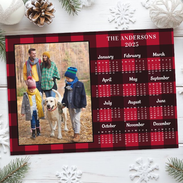 2026 Red Buffalo Plaid Personalised Photo Calendar Holiday Card (Creator Uploaded)
