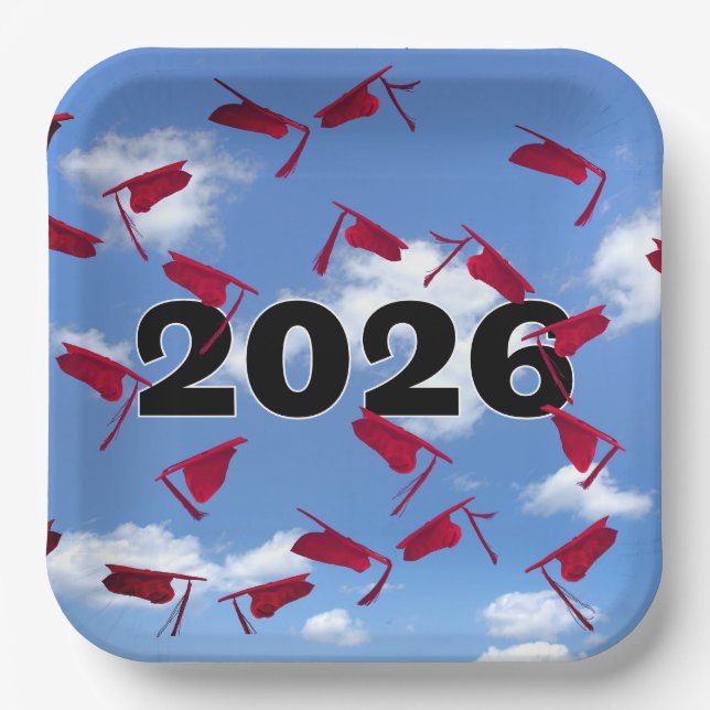 2026 Red Graduation Caps in Sky   Paper Plate (Front)