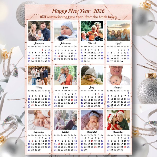 2026 Rose Gold Modern Family 12 Photo Calendar Holiday Card (Creator Uploaded)