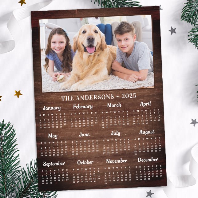2026 Rustic Family Pet Dog 12 Month Photo Calendar Holiday Card (Creator Uploaded)
