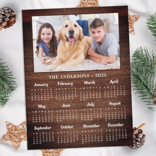 2026 Rustic Full Year Family Pet Photo Calendar Holiday Postcard (Creator Uploaded)