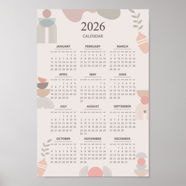 2026 Scandinavian Calendar Boho Aesthetic Beige  Poster (Front)