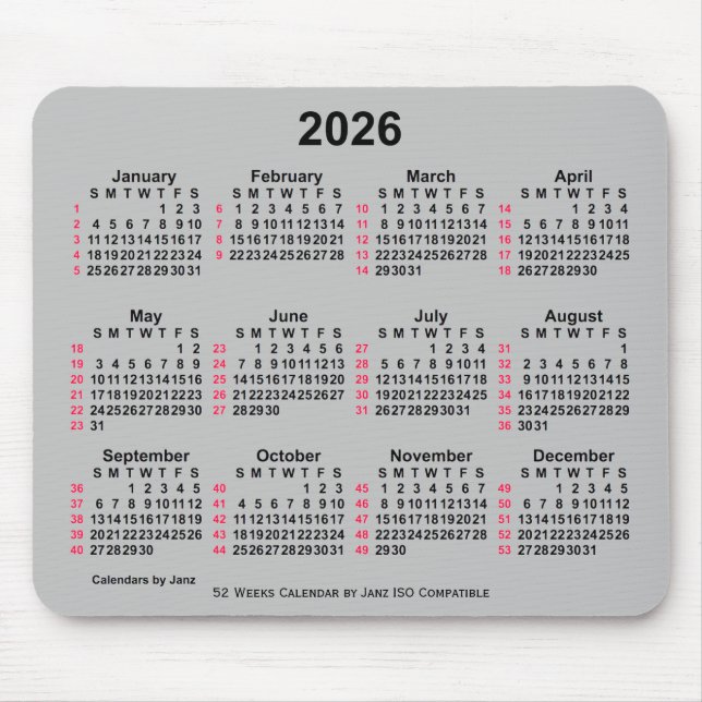 2026 Silver 52 Weeks ISO Calendar by Janz Mouse Mat (Front)