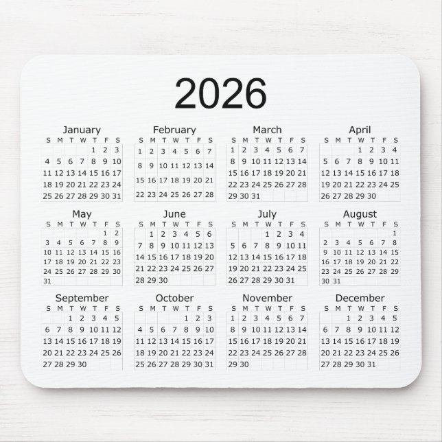 2026 Simple Minimalist Calendar Mouse Mat (Front)