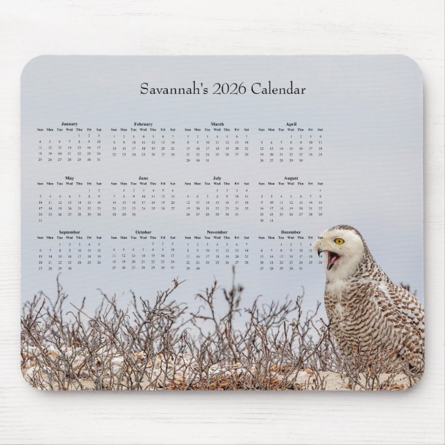 2026 Snowy Owl Full-Year Customizable Calendar  Mouse Mat (Front)