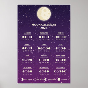 2026 Space Lunar Cycles Galaxy Moon Phase Calendar Poster