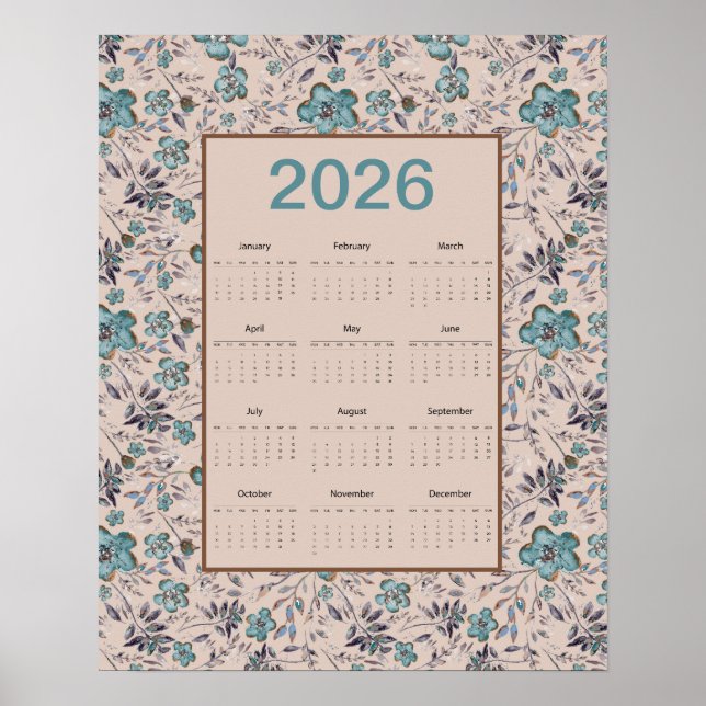 2026 Teal Flowers Calendar Poster (Front)
