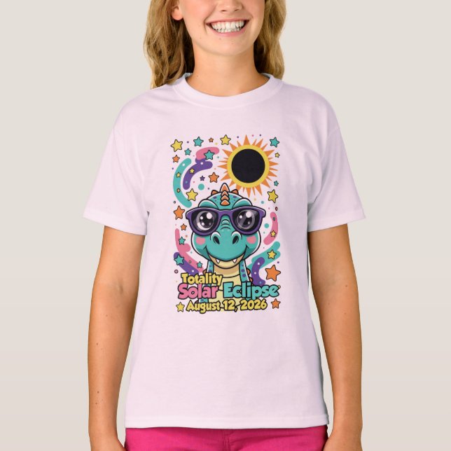 2026 Total Solar Eclipse Dinosaur Kids Tee Shirt (Front)