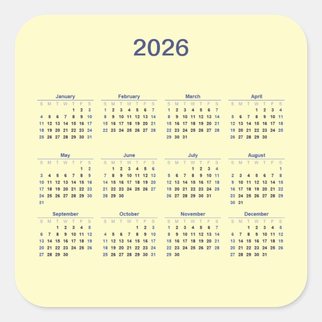 2026 Twelve Month Calendar Square Sticker (Front)