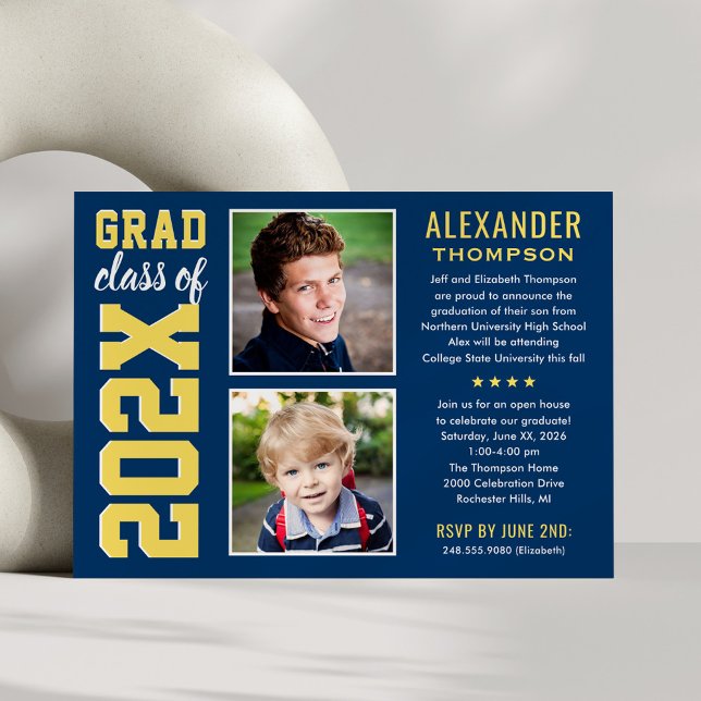 2026 Varsity Graduate 2 Photo Navy Yellow Invitation (Creator Uploaded)