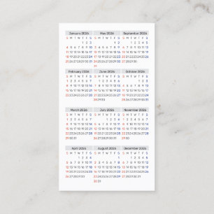 2026 Wallet Size Calendar SUNDAY Start Business Ca Card
