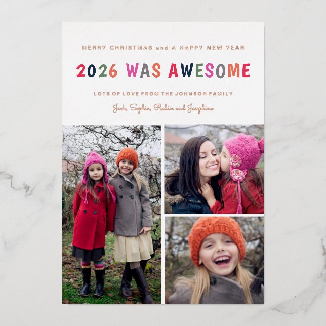 2026 Was Awesome Christmas Photo Collage Foil Holiday Card (Front)