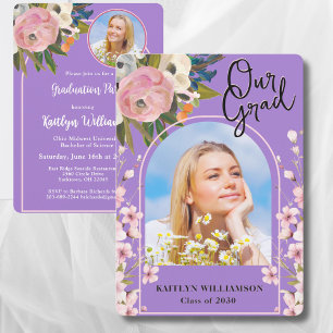 2026 Watercolor Pink Floral Photo Graduation Party Invitation