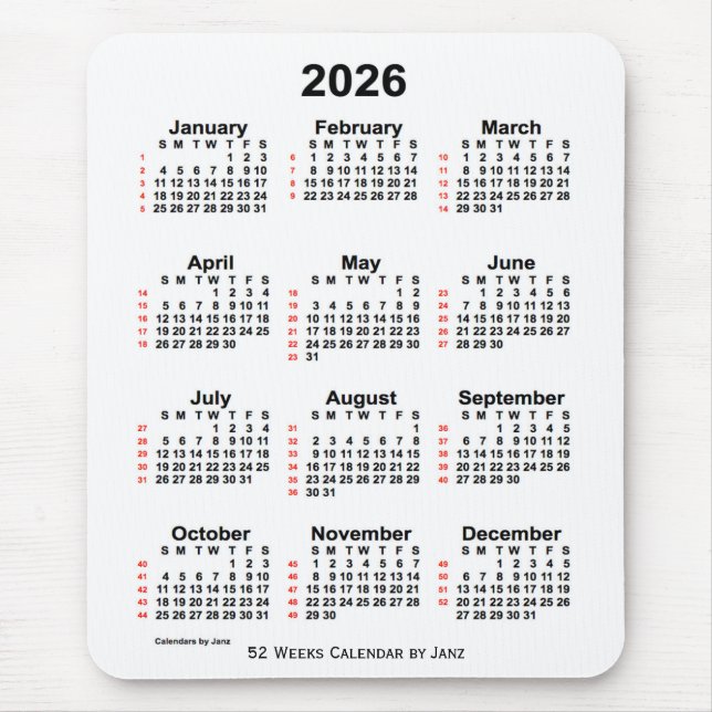 2026 White 52 Week Calendar by Janz Mouse Mat (Front)