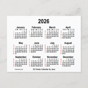 2026 White 52 Weeks Calendar by Janz Postcard