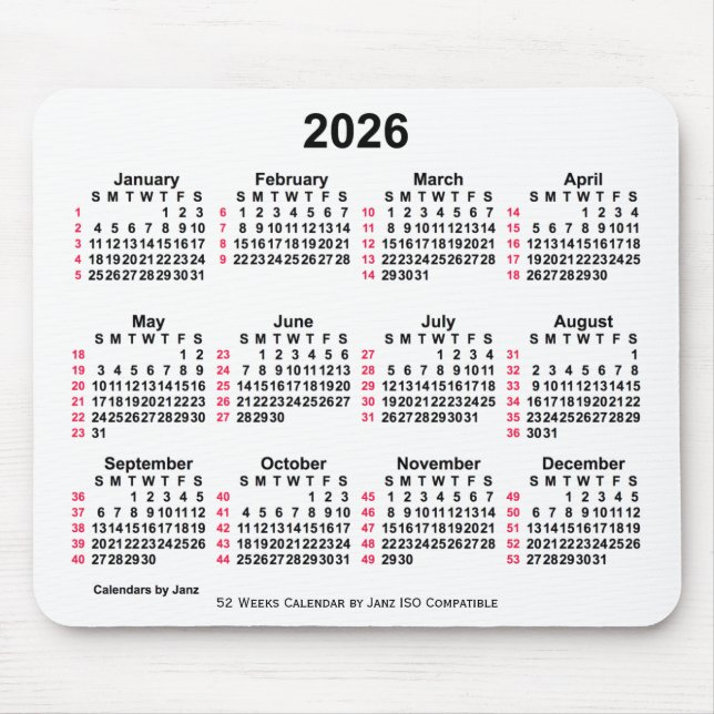 2026 White 52 Weeks ISO Calendar by Janz Mouse Mat (Front)
