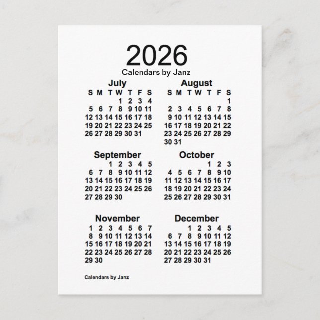 2026 White 6 Month Mini Calendar by Janz Postcard (Front)