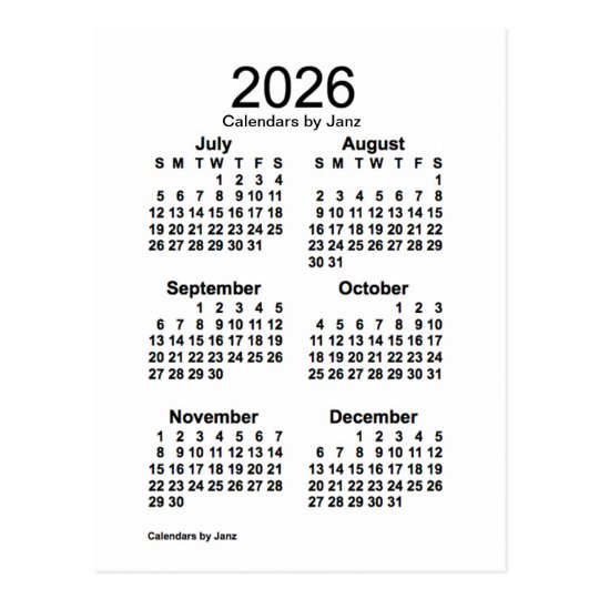 2026 White 6 Month Mini Calendar by Janz Postcard Zazzle.co.uk