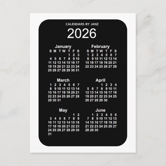 2026 White Neon 6 Month Mini Calendar by Janz Postcard (Front)