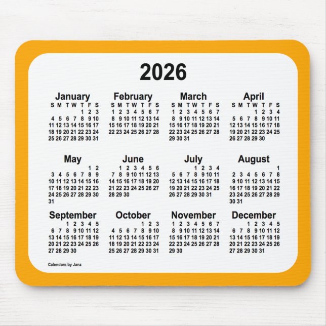 2026 White on Orange Calendar by Janz Two Tone Mouse Mat (Front)