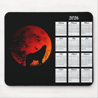 2026 Wolf Silhouette and Blood Moon Calendar Mouse Mat