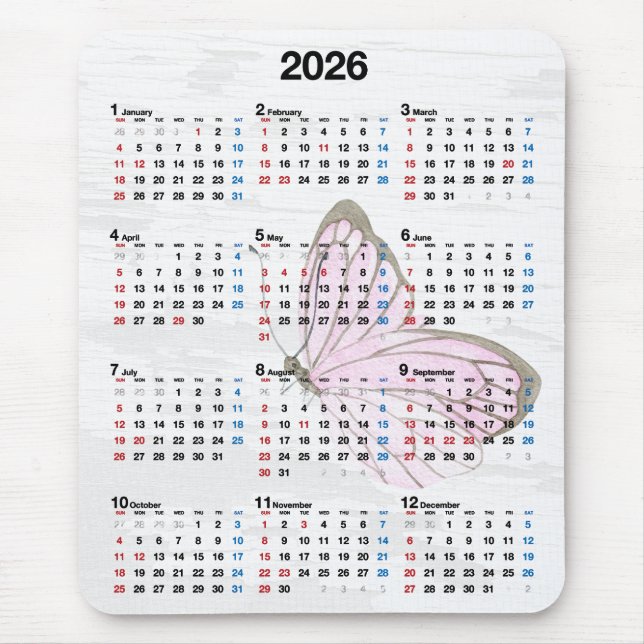 2026 Year Calendar and Pink Butterfly  Mouse Mat (Front)