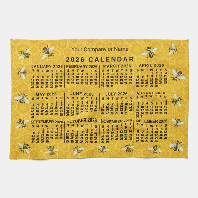 2026 Year Calendar Bee Honeycomb Apiary Custom Tea Towel (Horizontal)